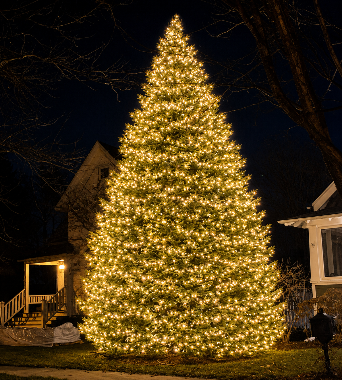 Towering evergreen fully wrapped in warm white lights